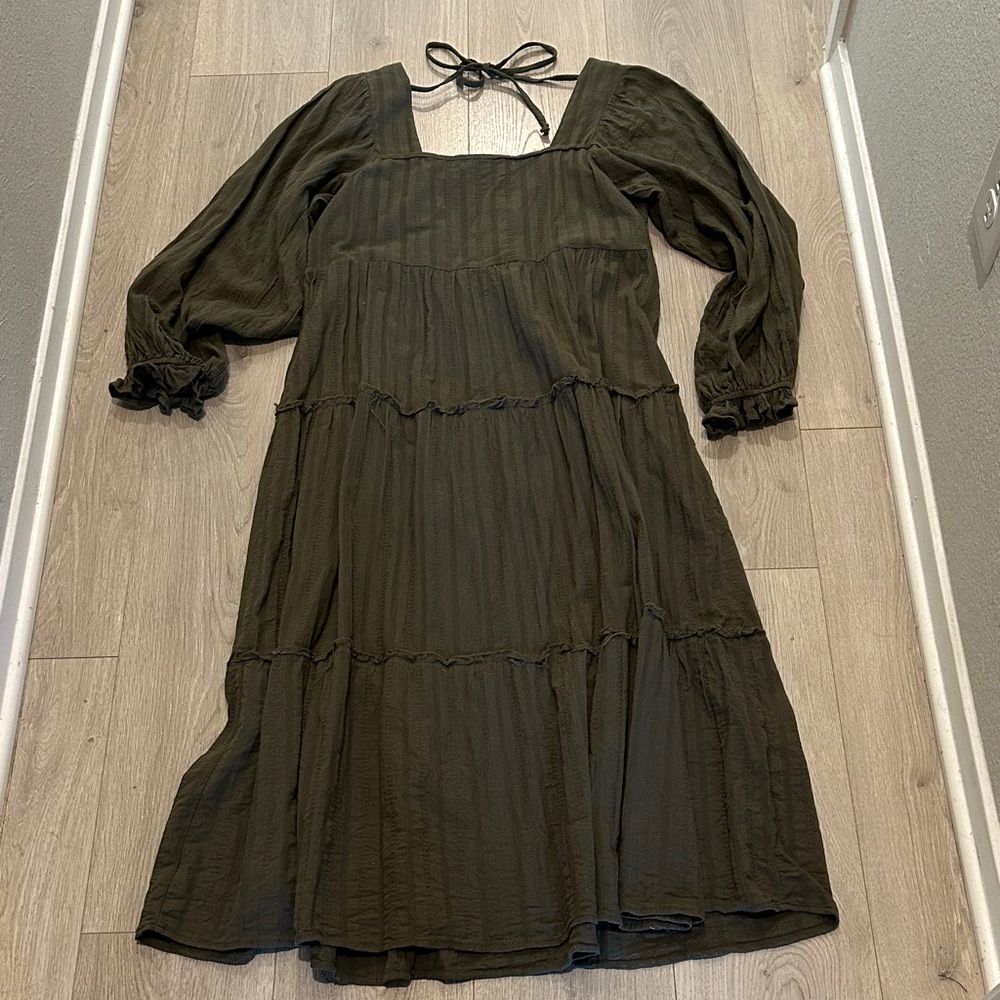 Plus Size Peasant Olive Green Women's Dress